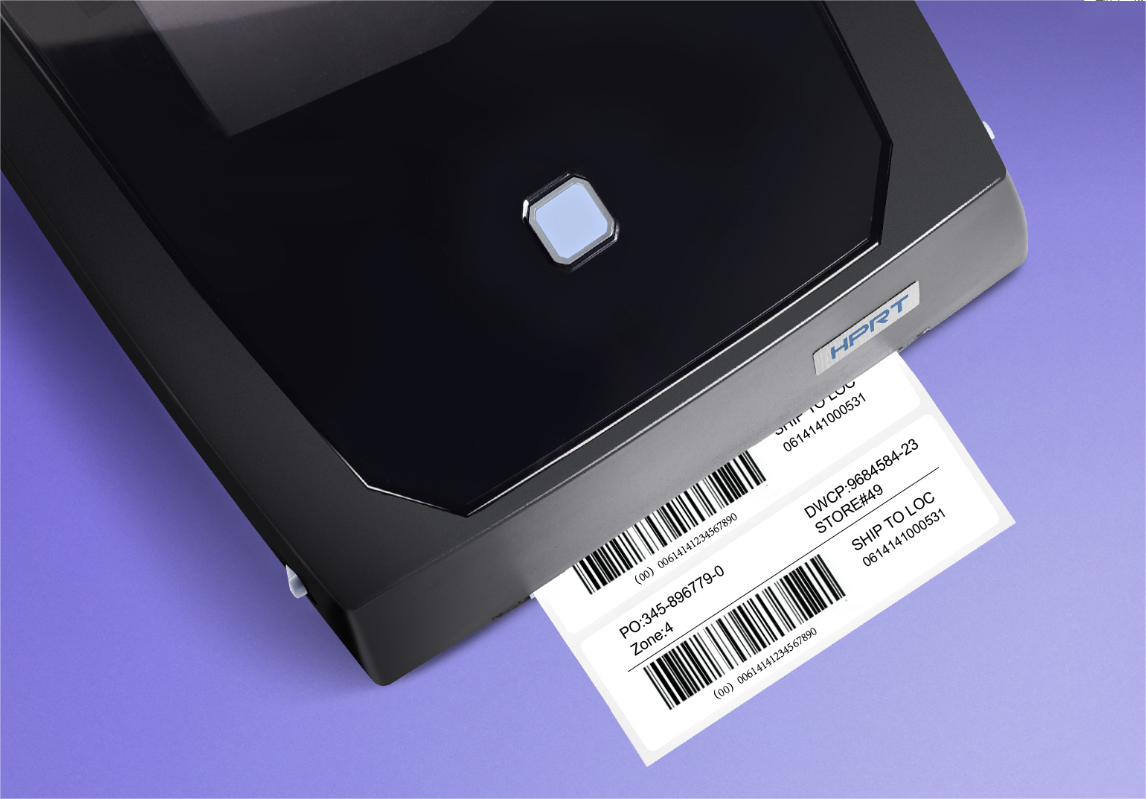 A label being printed from a বারকোড প্রিন্টার