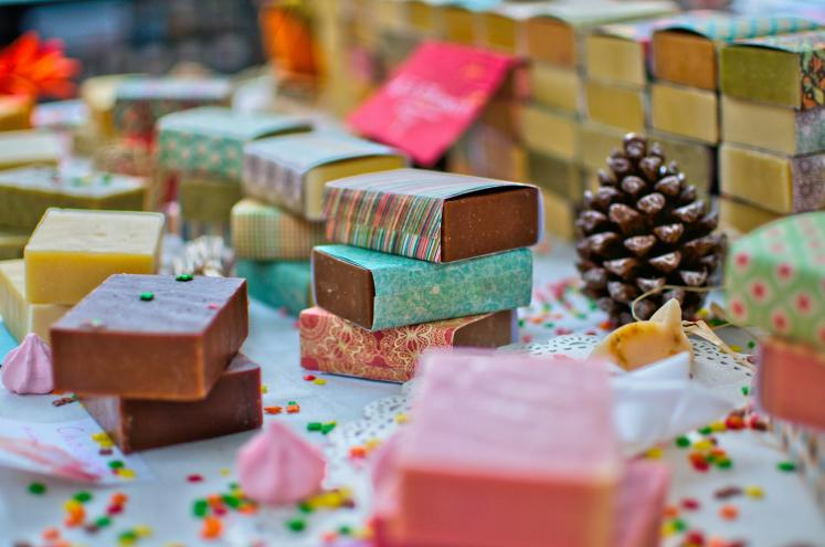 Colঅথবাful handmade soap bars stacked