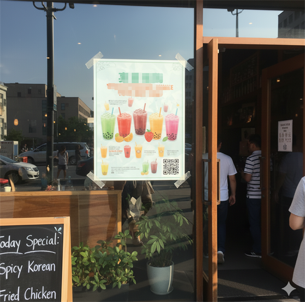 দোকানের প্রবেশদ্বারে একটি প্রচারমূলক পোস্টারে কিউআর কোড